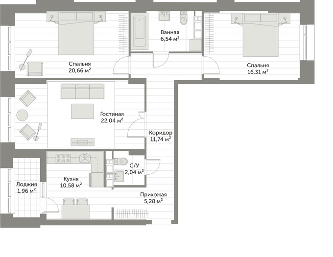 Планировка 3-комнатные квартиры, 96.81 m2 в ЖК Soho, в г. Нур-Султана (Астаны)