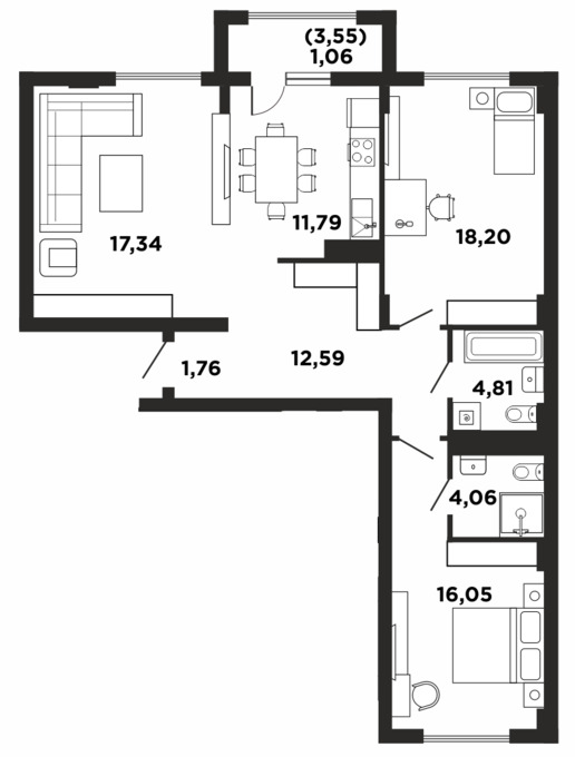 Планировка 3-комнатные квартиры, 87.27 m2 в ЖК Кок жайлау, в г. Нур-Султана (Астаны)