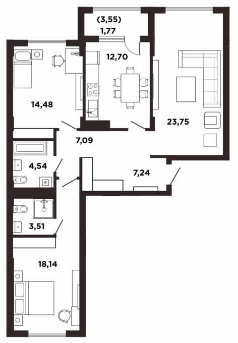 Планировка 3-комнатные квартиры, 88.79 m2 в ЖК Кок жайлау, в г. Нур-Султана (Астаны)