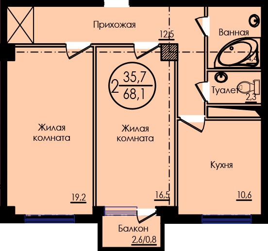Планировка 2-комнатные квартиры, 68.1 m2 в ЖК Premier Aktau, в г. Актау