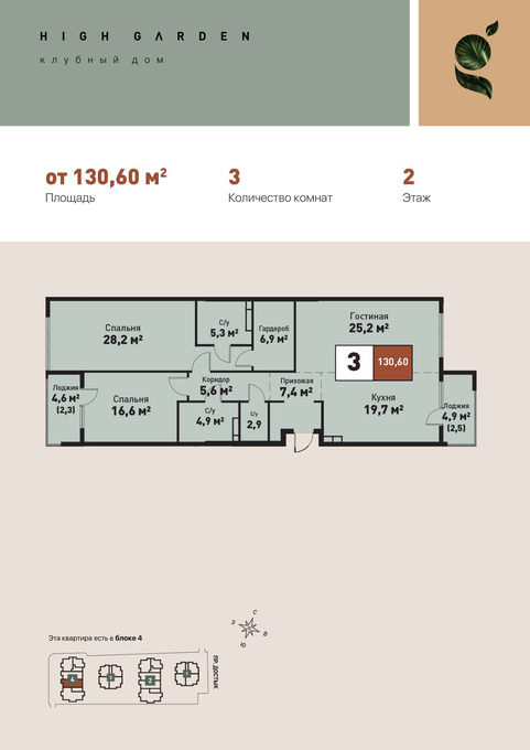 Планировка 3-комнатные квартиры, 130.6 m2 в Клубный дом High Garden, в г. Алматы