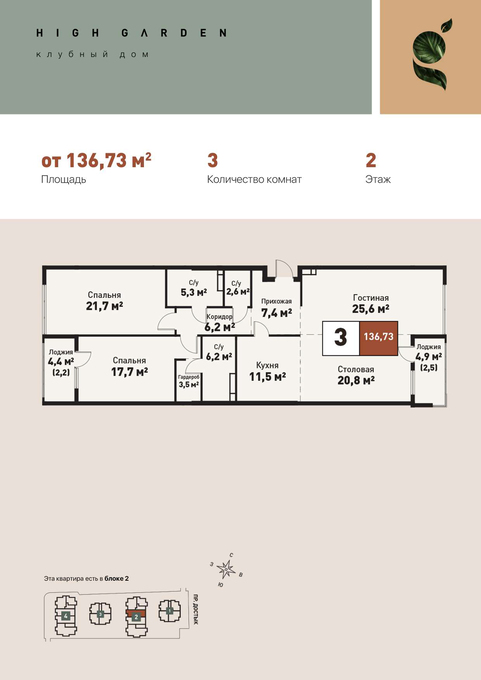 Планировка 3-комнатные квартиры, 136.73 m2 в Клубный дом High Garden, в г. Алматы