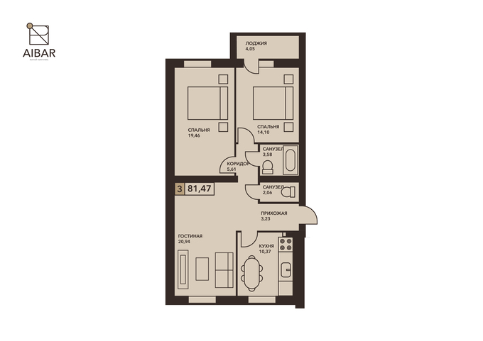 Планировка 3-комнатные квартиры, 81.47 m2 в ЖК Aibar, в г. Нур-Султана (Астаны)