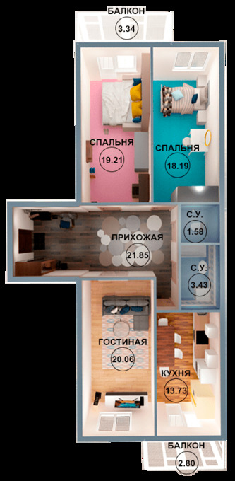 Планировка 4-комнатные квартиры, 101.39 m2 в ЖК Sun City Next, в г. Уральска