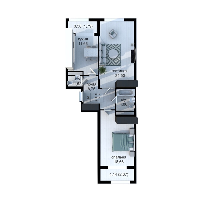 Планировка 2-комнатные квартиры, 73.11 m2 в ЖК Grand Avenue 2, в г. Актау