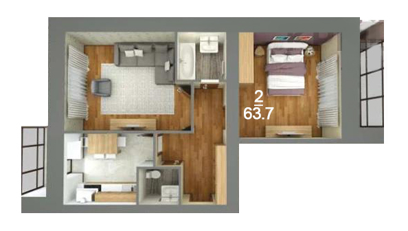 Планировка 2-комнатные квартиры, 63.7 m2 в ЖК Алем-Тау, в г. Нур-Султана (Астаны)