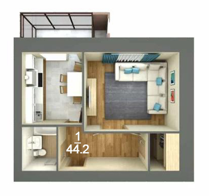 Планировка 1-комнатные квартиры, 44.2 m2 в ЖК Алем-Тау, в г. Нур-Султана (Астаны)