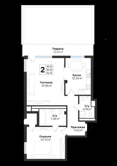 Планировка 2-комнатные квартиры, 96.7 m2 в ЖК Silver Hills, в г. Алматы