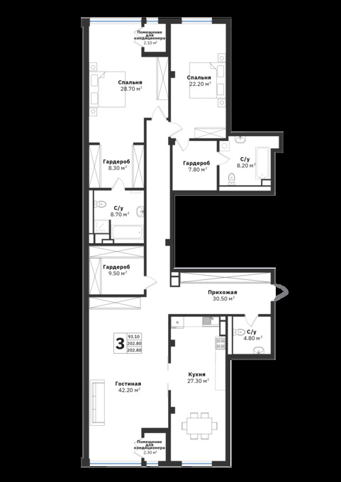 Планировка 3-комнатные квартиры, 202.8 m2 в ЖК Silver Hills, в г. Алматы