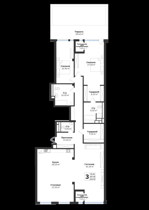 Планировка 3-комнатные квартиры, 226.5 m2 в ЖК Silver Hills, в г. Алматы