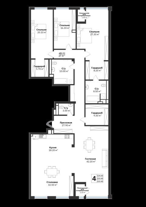 Планировка 4-комнатные квартиры, 233.4 m2 в ЖК Silver Hills, в г. Алматы