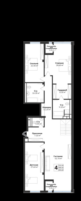 Планировка 4-комнатные квартиры, 404.6 m2 в ЖК Silver Hills, в г. Алматы
