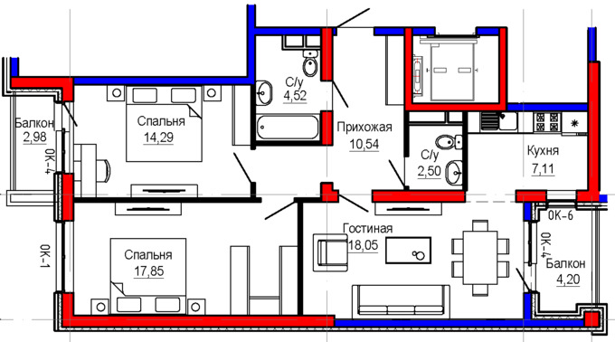 Планировка 3-комнатные квартиры, 78.1 m2 в ЖК Besagash, в г. с. Бесагаш