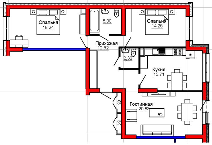 Планировка 3-комнатные квартиры, 88.9 m2 в ЖК Besagash, в г. с. Бесагаш