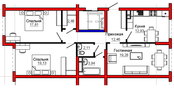 Планировка 3-комнатные квартиры, 90.2 m2 в ЖК Besagash, в г. с. Бесагаш
