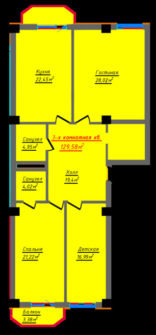 Планировка 3-комнатные квартиры, 129.58 m2 в ЖК White House Residence, в г. Актау