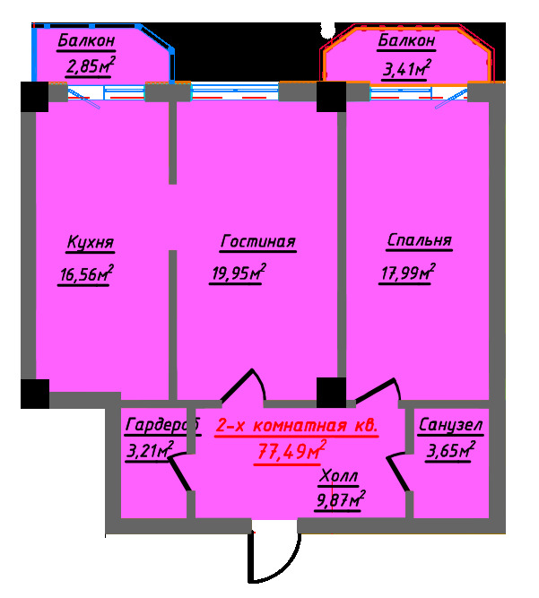 Планировка 2-комнатные квартиры, 77.49 m2 в ЖК White House Residence, в г. Актау