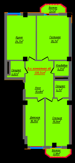 Планировка 3-комнатные квартиры, 128.54 m2 в ЖК White House Residence, в г. Актау