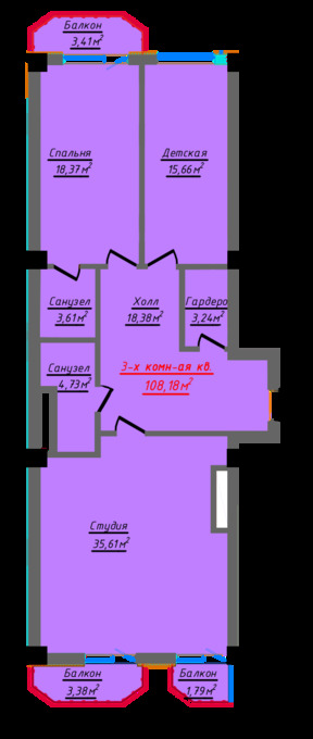 Планировка 3-комнатные квартиры, 108.18 m2 в ЖК White House Residence, в г. Актау