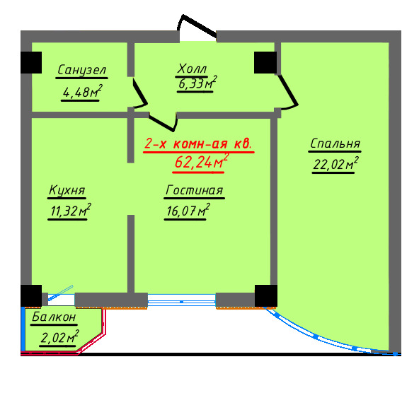 Планировка 2-комнатные квартиры, 62.24 m2 в ЖК White House Residence, в г. Актау