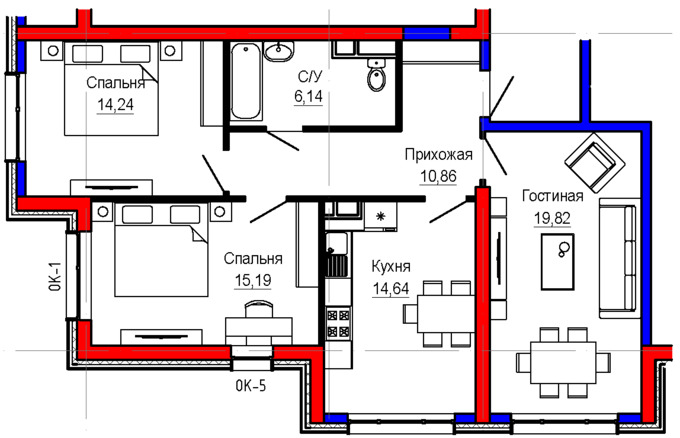 Планировка 3-комнатные квартиры, 80.7 m2 в ЖК Besagash, в г. с. Бесагаш