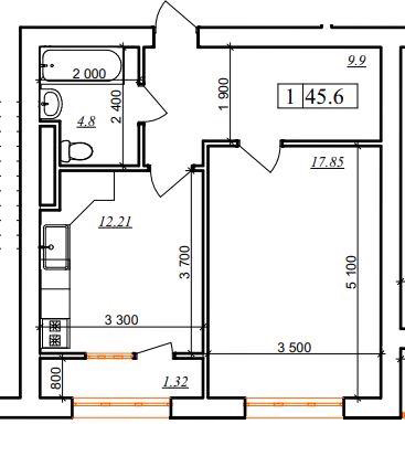 Планировка 1-комнатные квартиры, 45.6 m2 в ЖК Sultan, в г. Актау