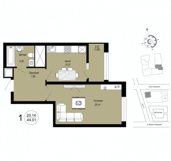 Планировка 1-комнатные квартиры, 44.01 m2 в ЖК View Park Family, в г. Нур-Султана (Астаны)