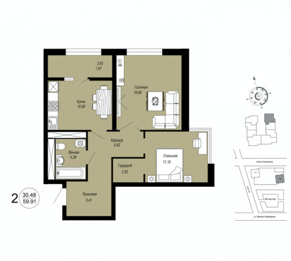 Планировка 2-комнатные квартиры, 59.91 m2 в ЖК View Park Family, в г. Нур-Султана (Астаны)