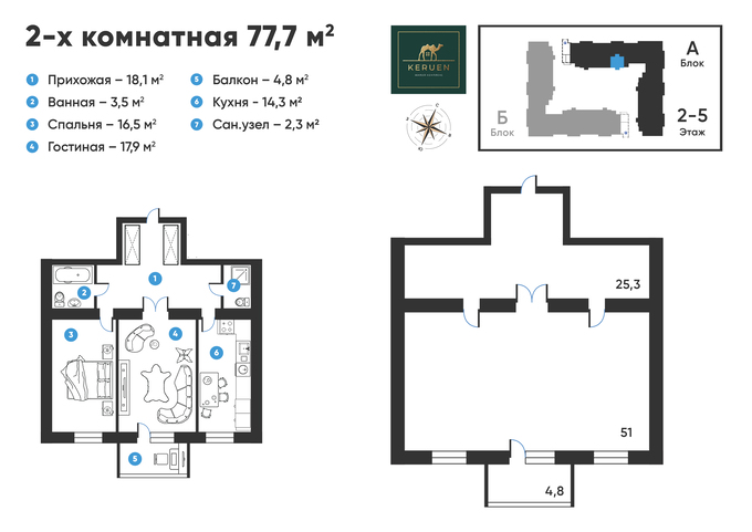 Планировка 2-комнатные квартиры, 77.7 m2 в ЖК Keruen, в г. Караганды