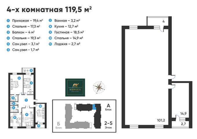 Планировка 4-комнатные квартиры, 119.5 m2 в ЖК Keruen, в г. Караганды
