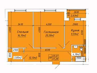 Планировка 2-комнатные квартиры, 69.61 m2 в ЖК Zhanaozen City, в г. Актау
