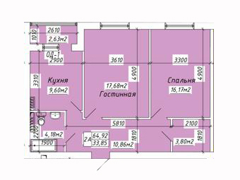 Планировка 2-комнатные квартиры, 64.92 m2 в ЖК Zhanaozen City, в г. Актау