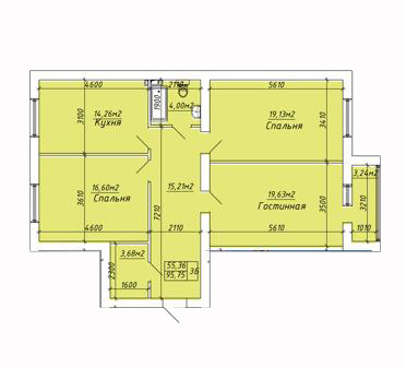 Планировка 3-комнатные квартиры, 95.75 m2 в ЖК Zhanaozen City, в г. Актау