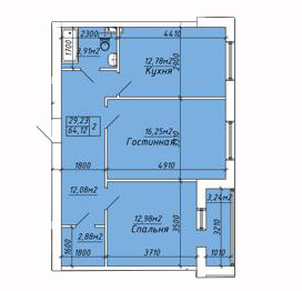 Планировка 2-комнатные квартиры, 64.12 m2 в ЖК Zhanaozen City, в г. Актау