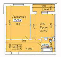Планировка 1-комнатные квартиры, 46.03 m2 в ЖК Zhanaozen City, в г. Актау