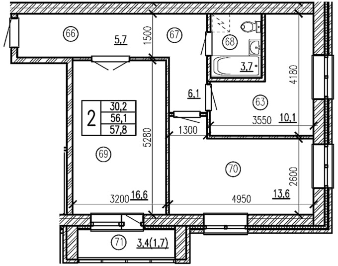 Планировка 2-комнатные квартиры, 57.8 m2 в ЖК Sunrise, в г. Петропавловска