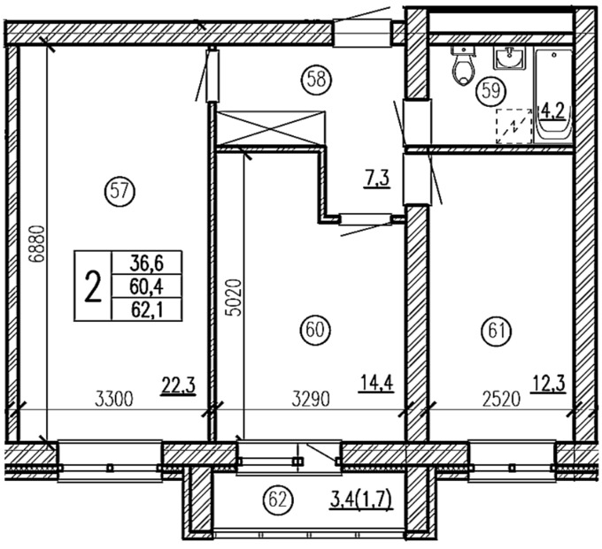Планировка 2-комнатные квартиры, 62.1 m2 в ЖК Sunrise, в г. Петропавловска