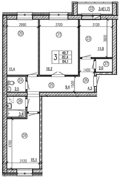 Планировка 3-комнатные квартиры, 84.1 m2 в ЖК Sunrise, в г. Петропавловска