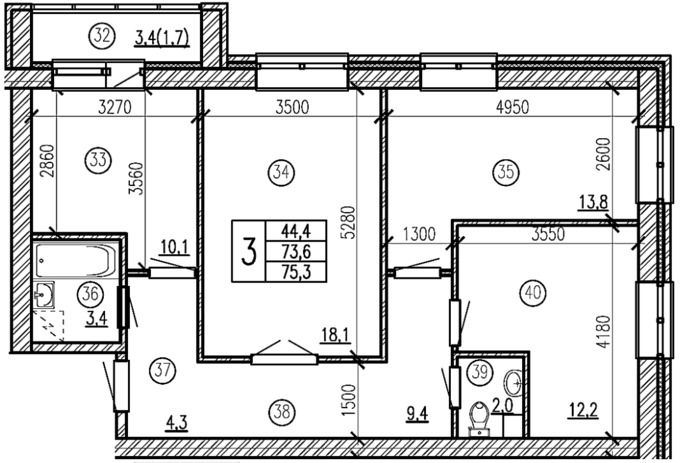 Планировка 3-комнатные квартиры, 75.3 m2 в ЖК Sunrise, в г. Петропавловска