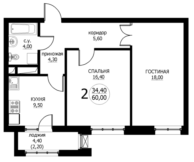 Планировка 2-комнатные квартиры, 60 m2 в ЖК Silver, в г. Нур-Султана (Астаны)