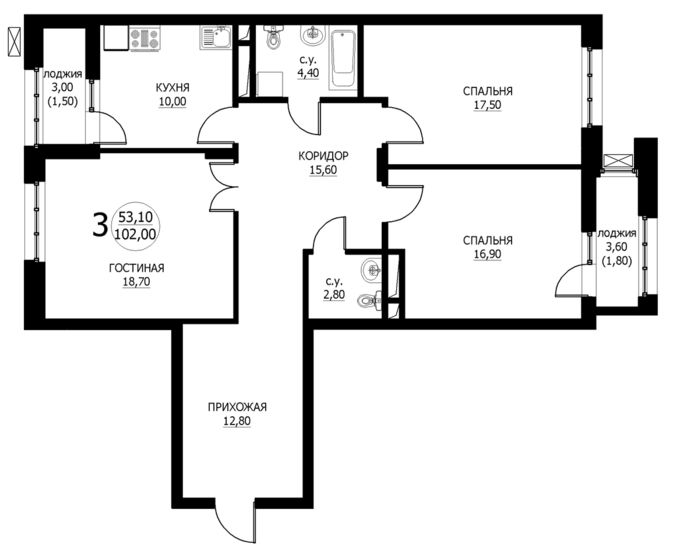 Планировка 3-комнатные квартиры, 102 m2 в ЖК Silver, в г. Нур-Султана (Астаны)