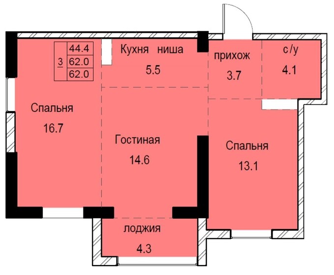 Планировка 3-комнатные квартиры, 62 m2 в ЖК Soho-17, в г. Алматы