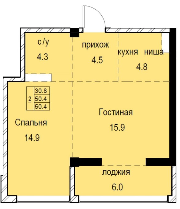 Планировка 2-комнатные квартиры, 50.4 m2 в ЖК Soho-17, в г. Алматы