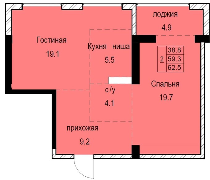Планировка 2-комнатные квартиры, 62.5 m2 в ЖК Soho-17, в г. Алматы