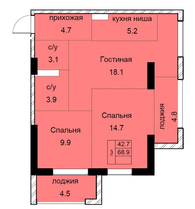 Планировка 3-комнатные квартиры, 68.9 m2 в ЖК Soho-17, в г. Алматы
