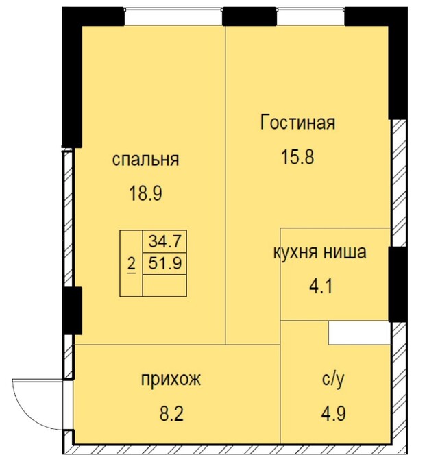 Планировка 2-комнатные квартиры, 51.9 m2 в ЖК Soho-17, в г. Алматы