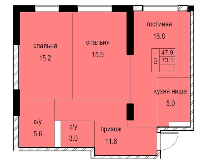 Планировка 3-комнатные квартиры, 73.1 m2 в ЖК Soho-17, в г. Алматы