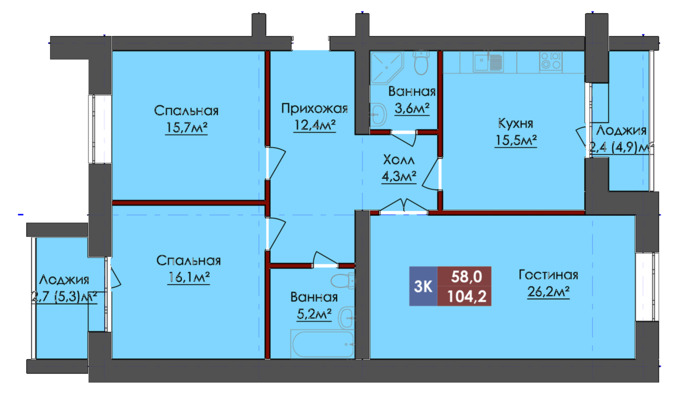 Планировка 3-комнатные квартиры, 104.2 m2 в ЖК Domino, в г. Актобе