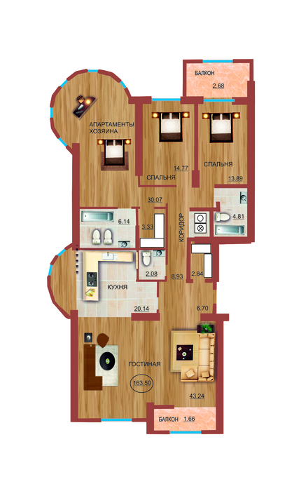 Планировка 4-комнатные квартиры, 165 m2 в ЖК Солнечная Долина, в г. Алматы