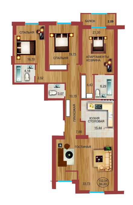 Планировка 4-комнатные квартиры, 152.54 m2 в ЖК Солнечная Долина, в г. Алматы